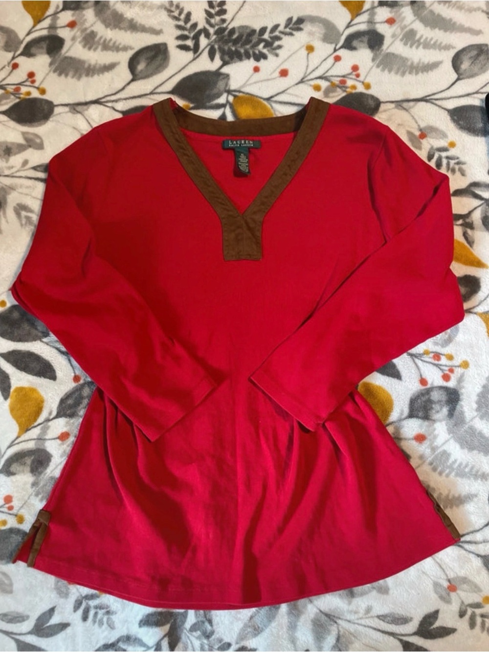 Women's Red V-Neck Long Sleeve Top with Contrast Trim Cotton Suede XL - Picture 2 of 5